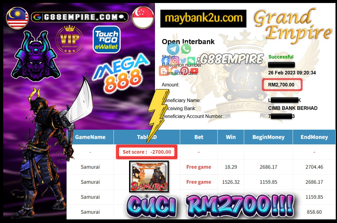 MEGA888 SAMURAI CUCI RM2700!!!