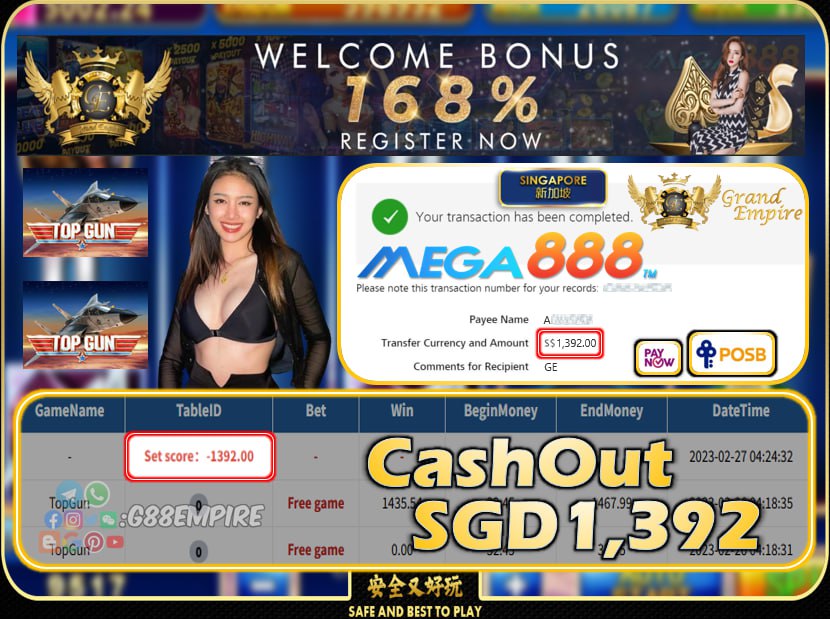 MEGA888 ~ TOPGUN CASHOUT SGD1392 !!!