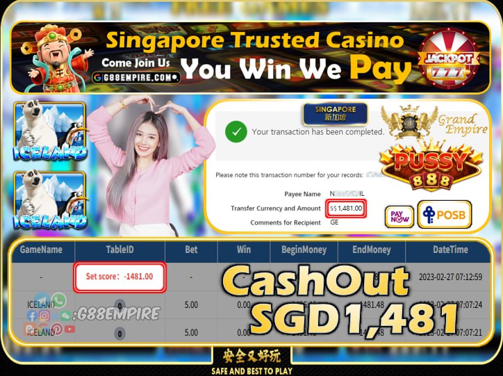 PUSSY888 ~ ICELAND CASHOUT SGD1481 !!!