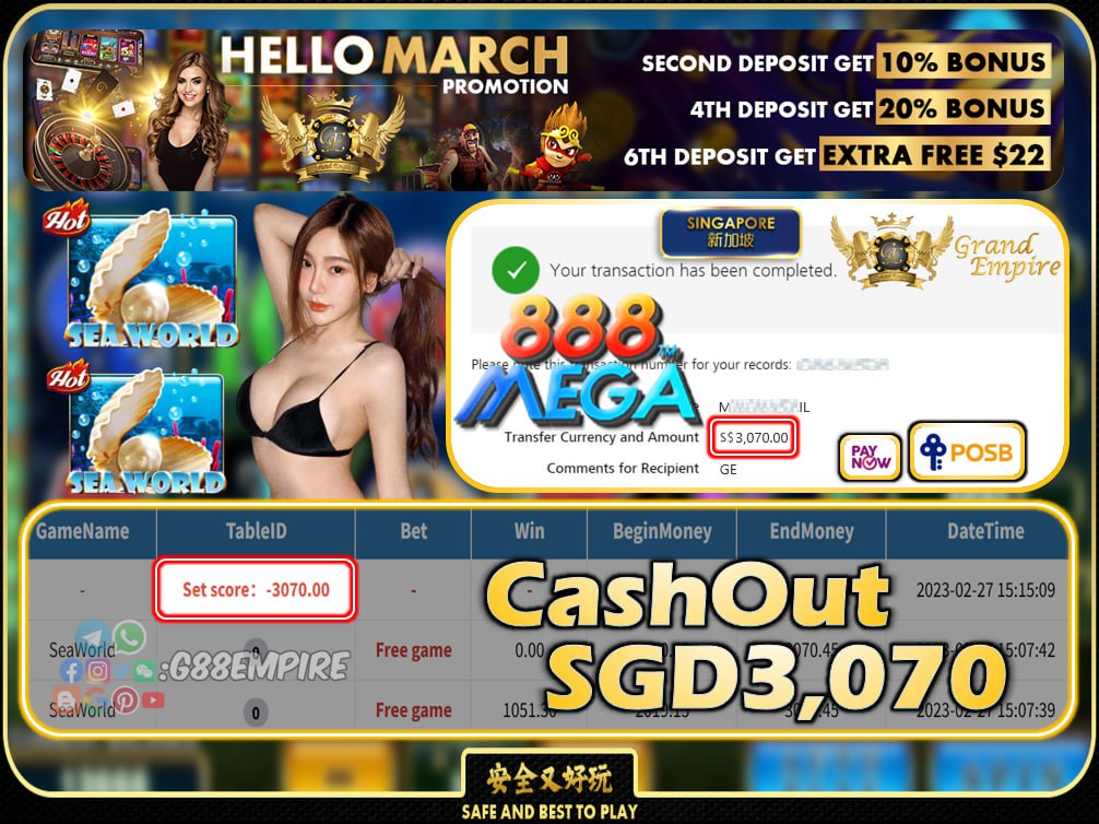 MEGA888 ~ SEAWORLD CASHOUT SGD3070 !!!