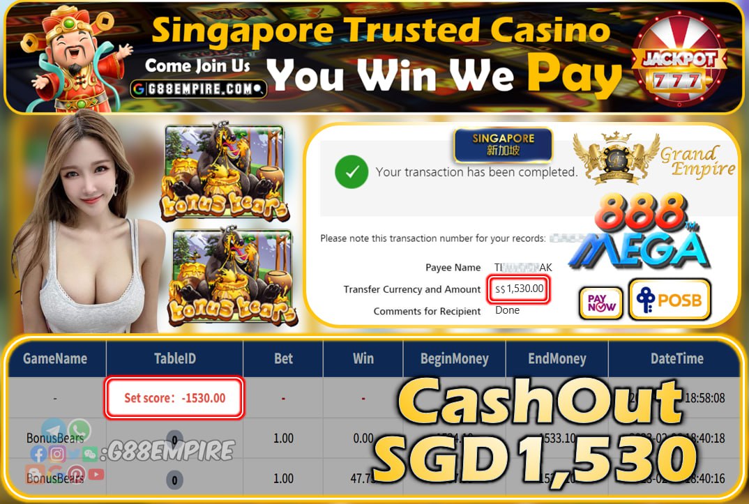 MEGA888 ~ BONUSBEARS CASHOUT SGD1530!!!