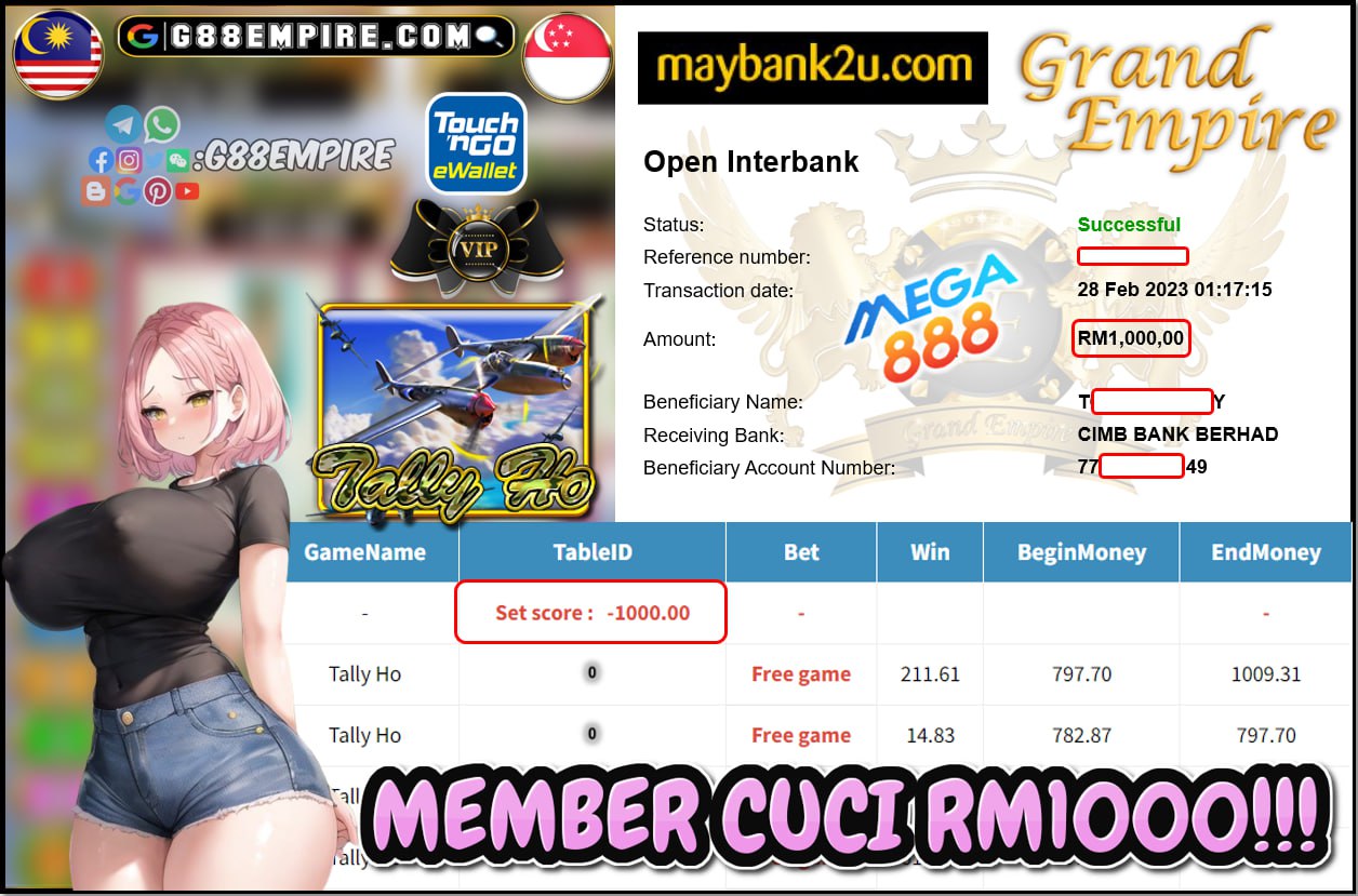 MEGA888 TALLY HO CUCI RM1000!!!