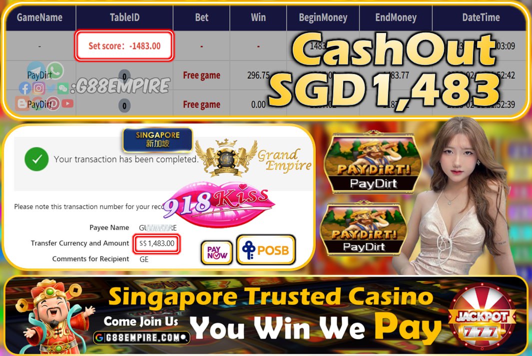 918KISS ~ PAYDIRT CASHOUT SGD1483!!!