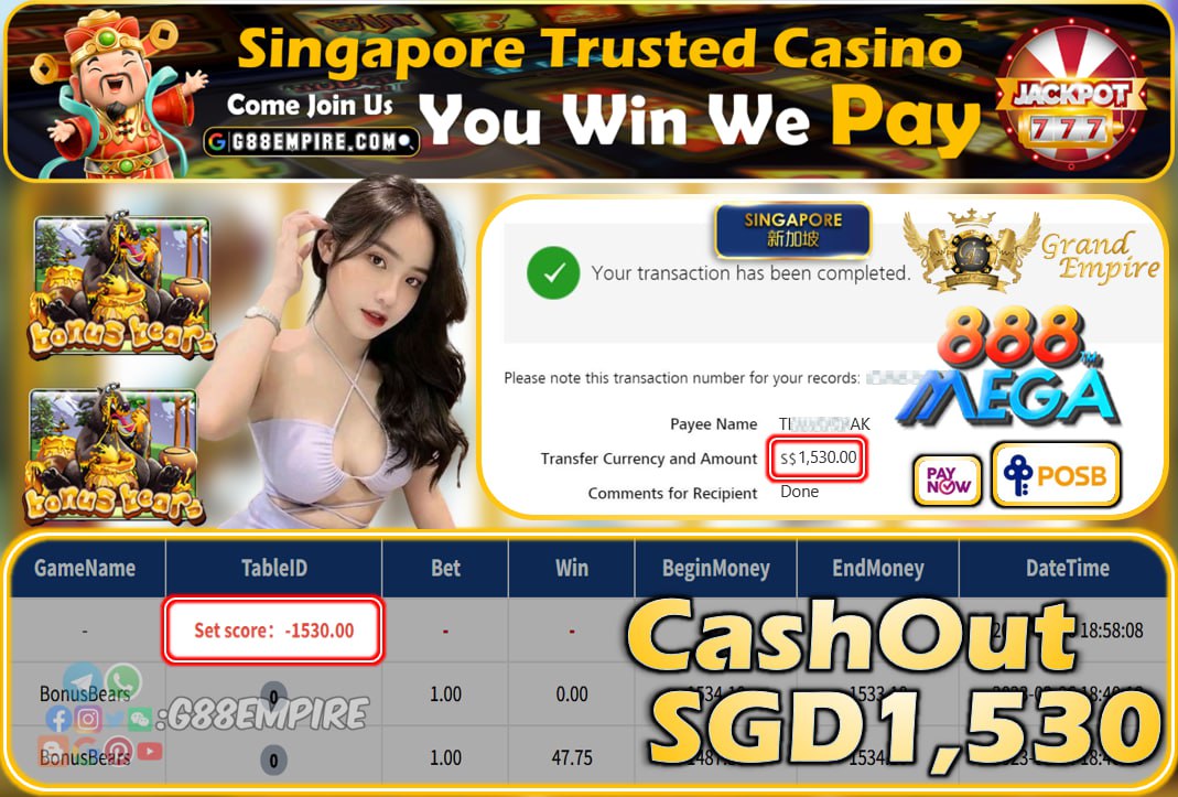 MEGA888 ~ BONUSBEARS CASHOUT SGD1530!!!