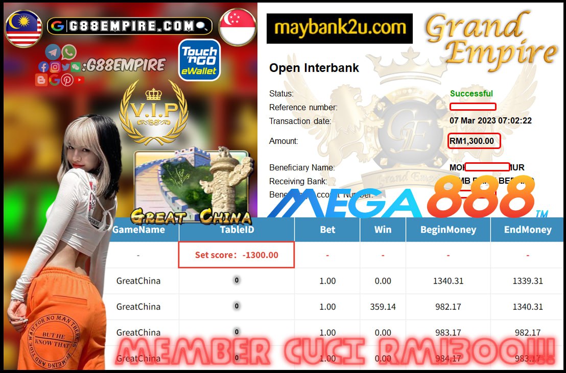 MEGA888 GREATCHINA CUCI RM1300!!!