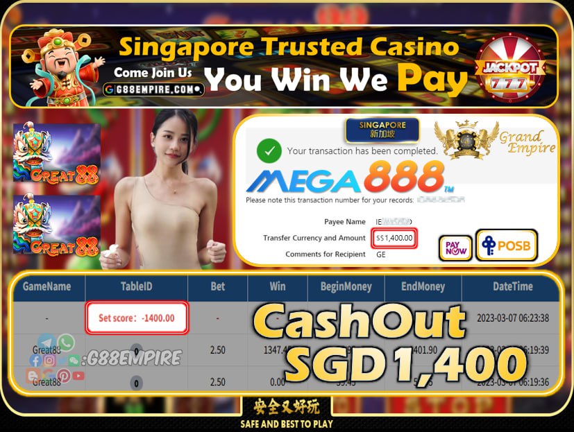 MEGA888 - GREAT88 CASHOUT SGD1400 !!!