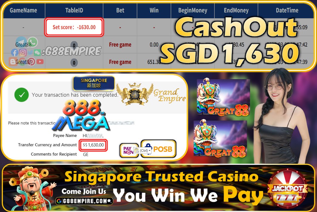 MEGA888 ~ GREAT88 CASHOUT SGD1630!!!