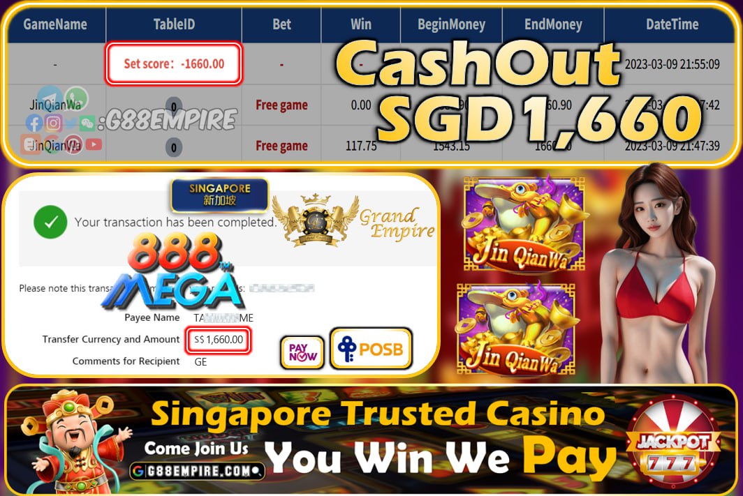 MEGA888 ~ JINQIANWA CASHOUT SGD1660!!!