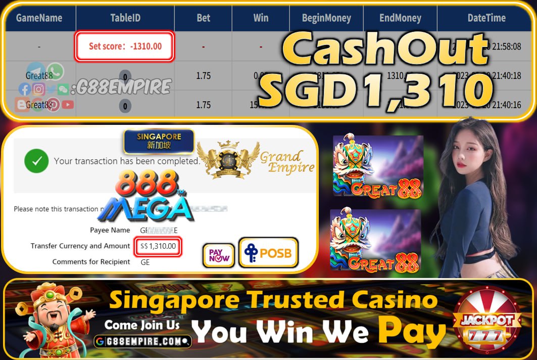 MEGA888 ~ GREAT88 CASHOUT SGD1310!!!