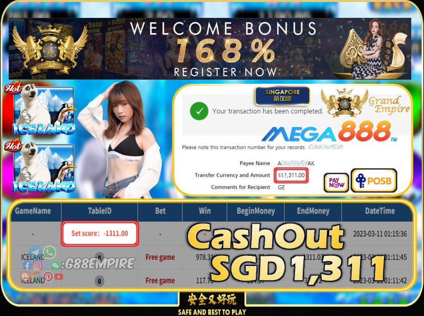 MEGA888 ~ ICELAND CASHOUT SGD1311!!!