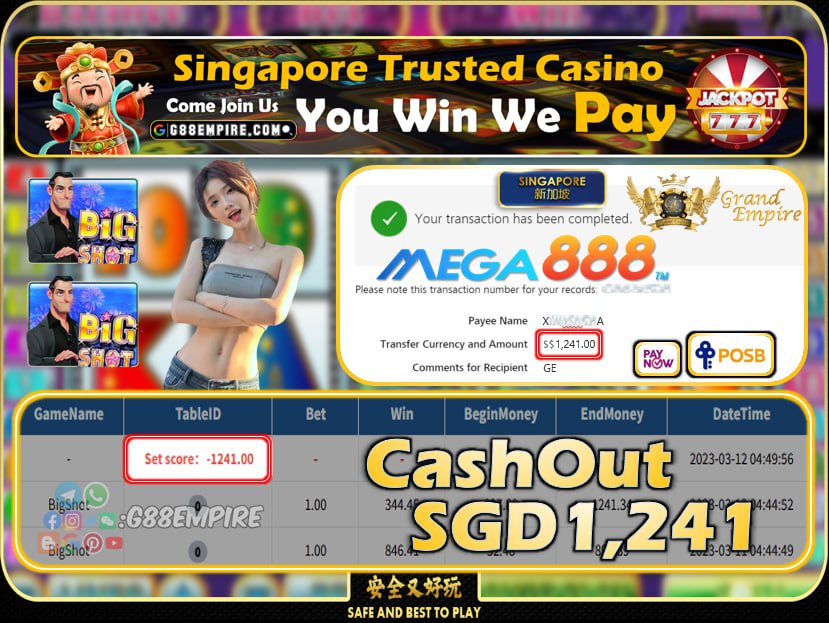 MEGA888 ~BIGSHOT CASHOUT SGD1241!!!