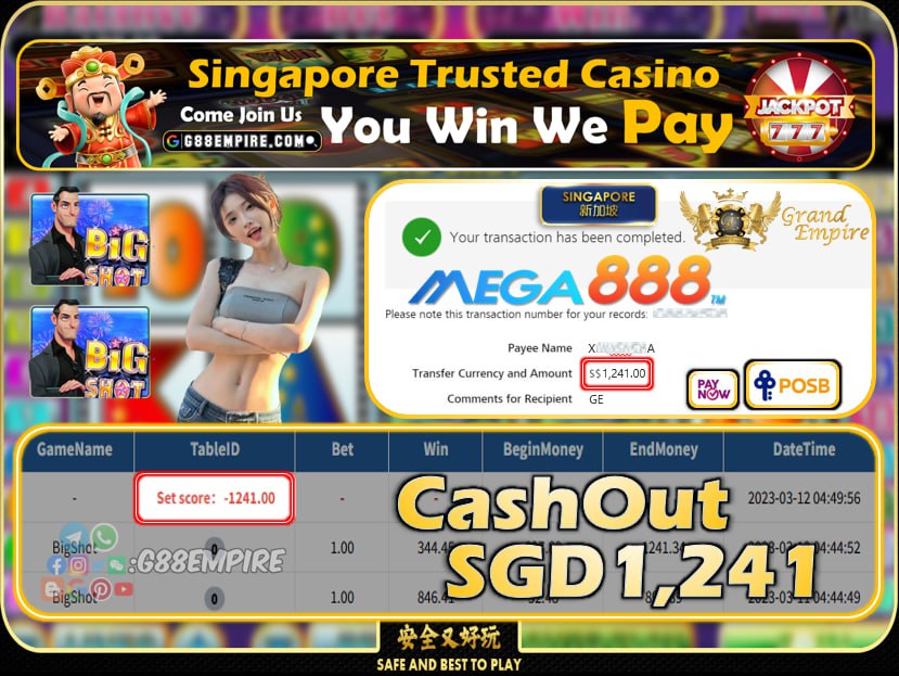 MEGA888 ~BIGSHOT CASHOUT SGD1241!!!