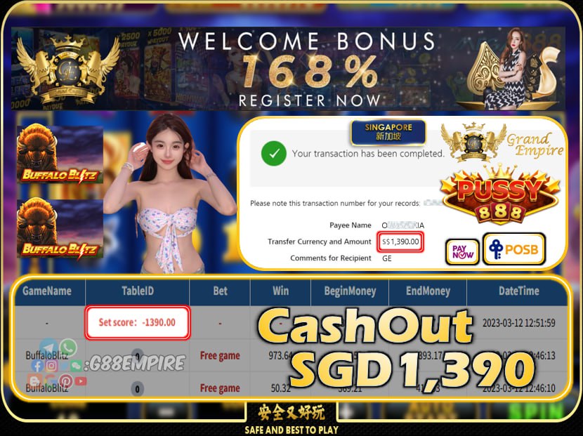 PUSSY888 ~ BUFFALOBLITZ CASHOUT SGD1390 !!!