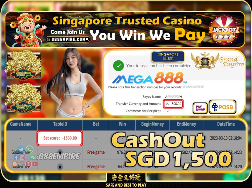 MEGA888 ~ GOLDENTREE CASHOUT SGD1500!!!