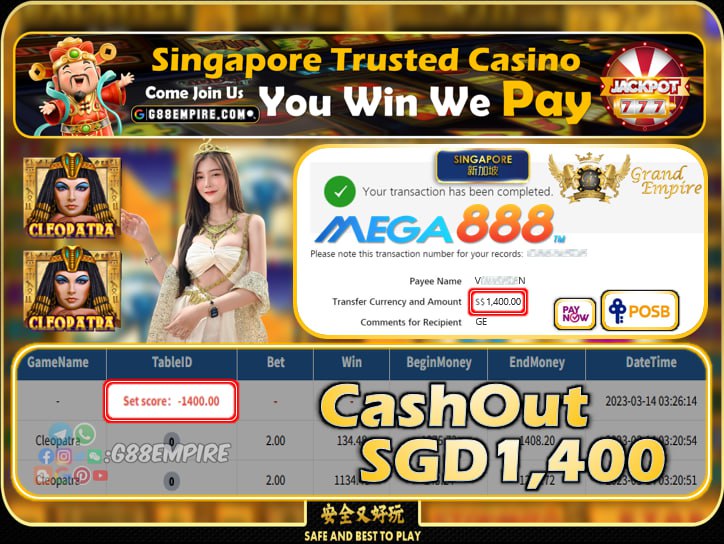 MEGA888 ~ CLEOPATRA CASHOUT SGD1400!!!