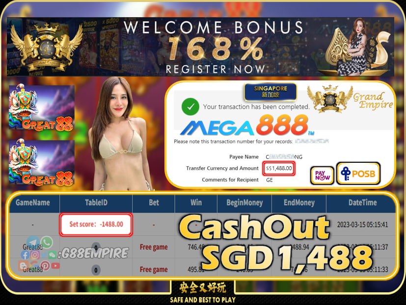 MEGA888 ~ GREAT88 CASHOUT SGD1488!!!