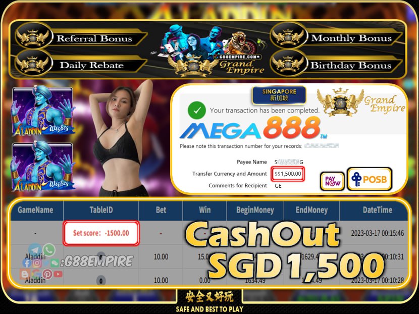 MEGA888 ~ ALADDIN CASHOUT SGD1500!!!