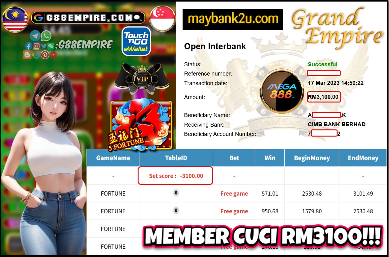 MEGA888 FORTUNE CUCI RM3100!!!