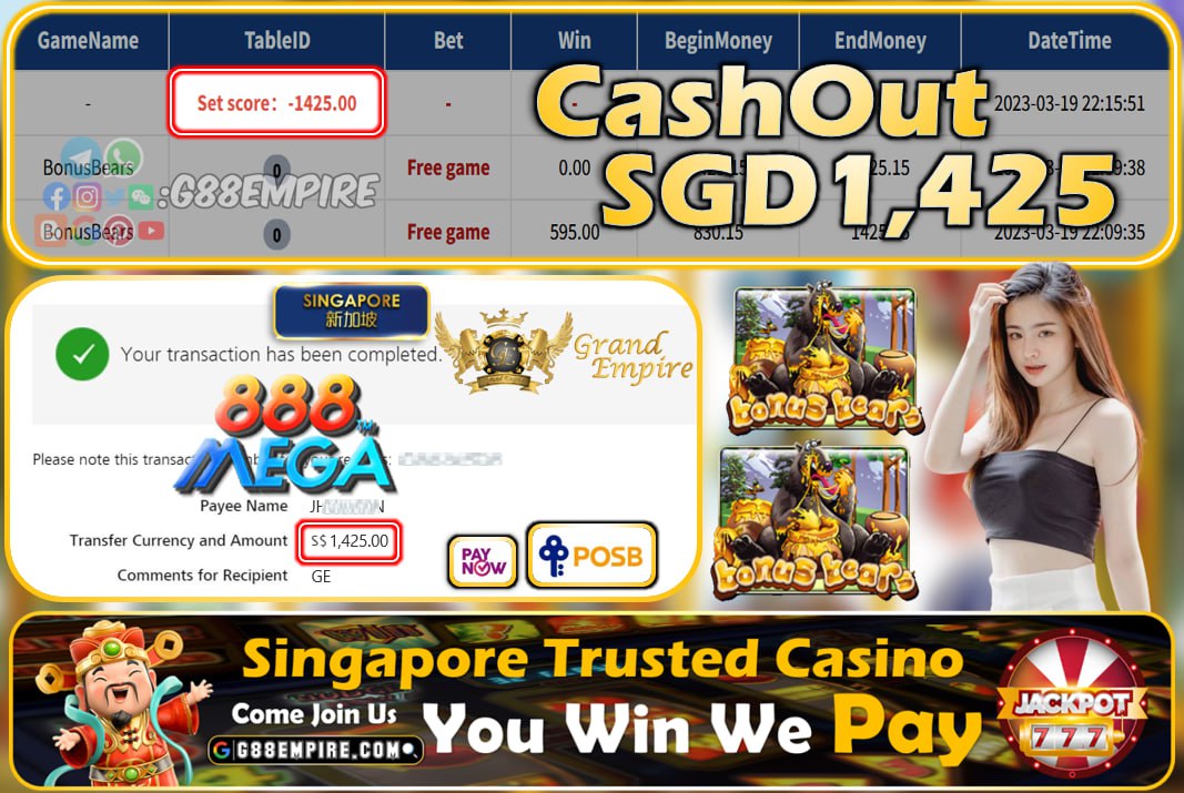 MEGA888 ~ BONUSBEARS CASHOUT SGD1425!!!