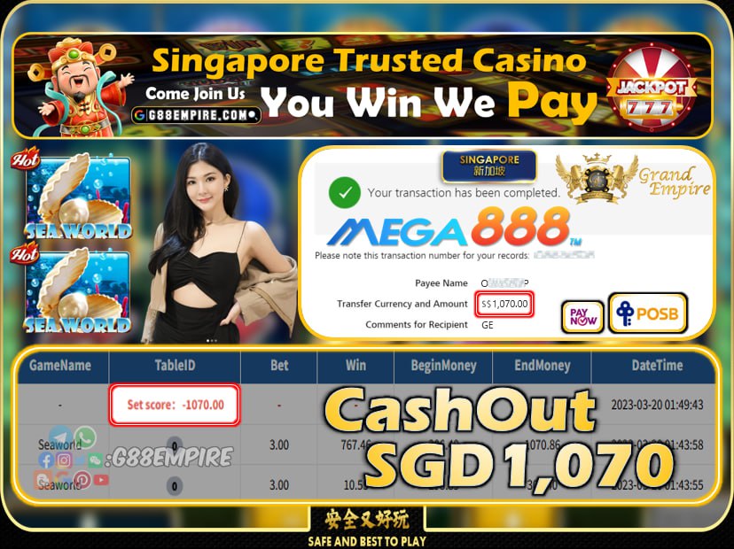 MEGA888 ~ SEAWORLD CASHOUT SGD1070!!!