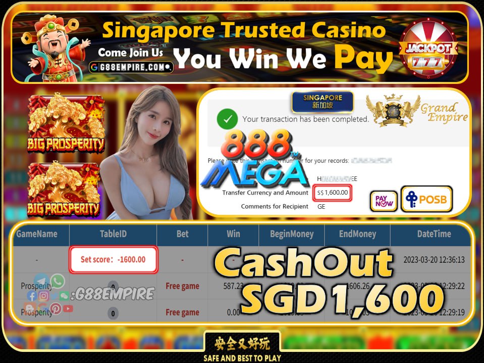 MEGA888 ~ PROSPERITY CASHOUT SGD1600 !!!