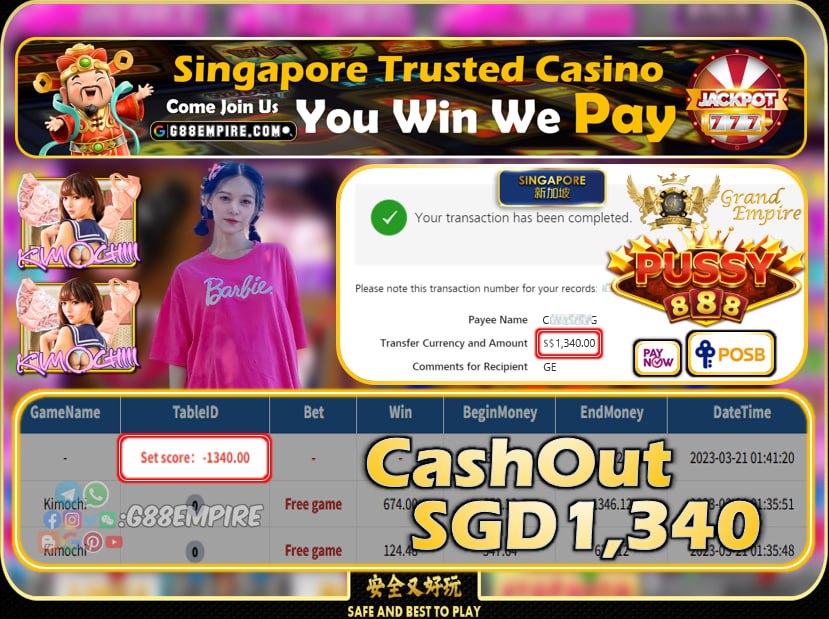 PUSSY888 ~ KIMOCHI CASHOUT SGD1340!!!