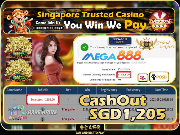 MEGA888 ~ GOLDENTREE CASHOUT SGD1205!!!