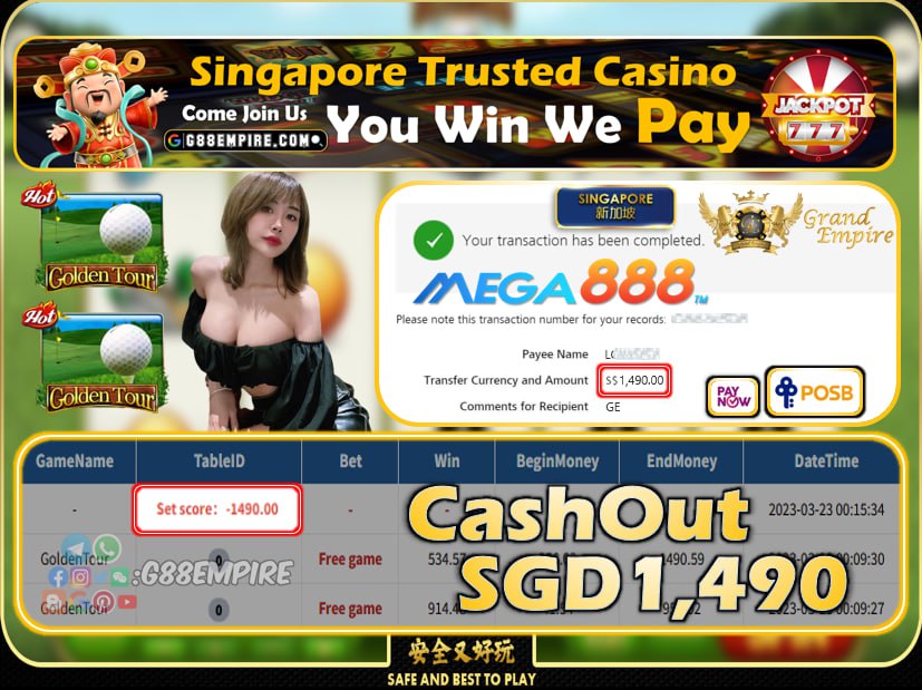 MEGA888 ~ GOLDENTOUR CASHOUT SGD1490 !!!