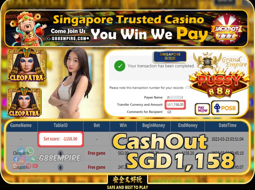 PUSSY888 ~ CLEOPATRA CASHOUT SGD1158 !!!