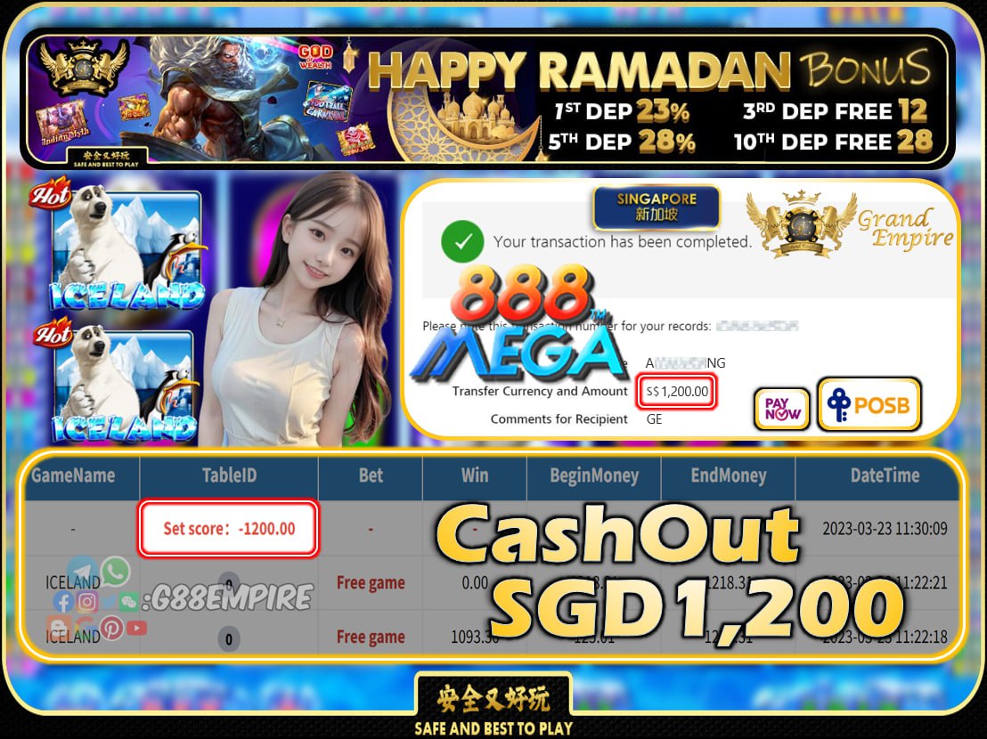 MEGA888 ~ ICELAND CASHOUT SGD1200 !!!