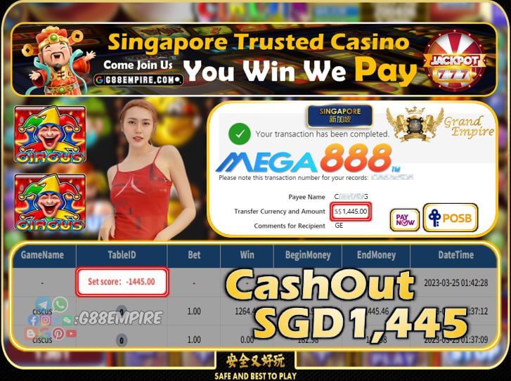 MEGA888 ~ CIRCUS CASHOUT SGD1445!!!