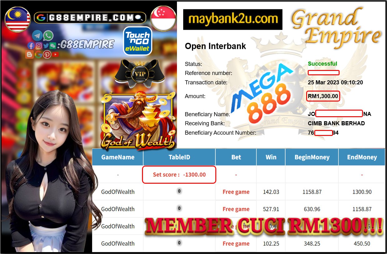 MEGA888 GOD OF WEALTH CUCI RM1300!!!