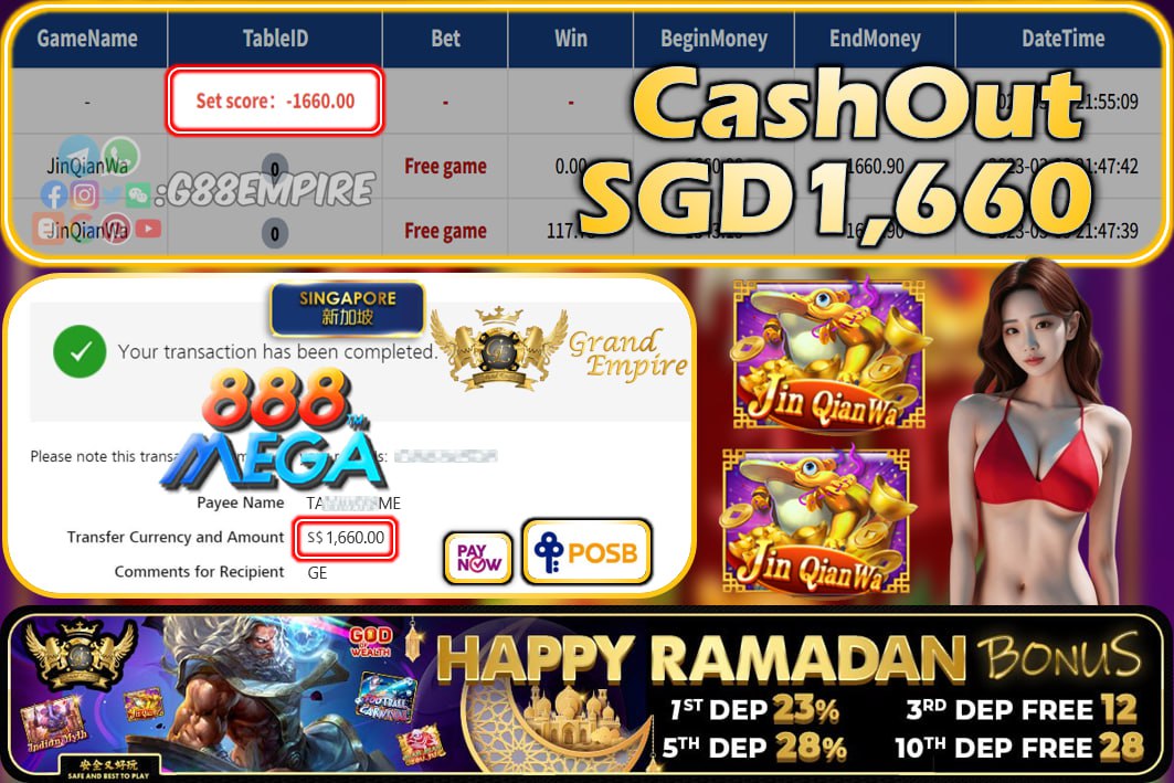 MEGA888 ~ JINQIANWA CASHOUT SGD1660!!!