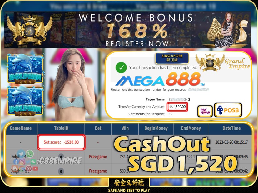 MEGA888 ~ DOLPHINREEF CASHOUT SGD1520!!!