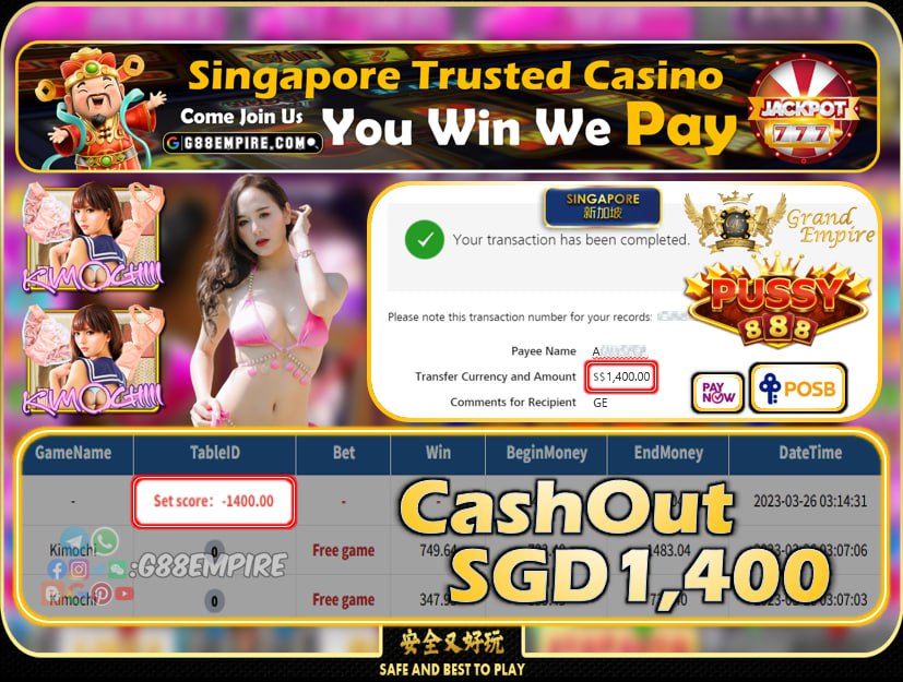 PUSSY888 ~ KIMOCHI CASHOUT SGD1400!!!