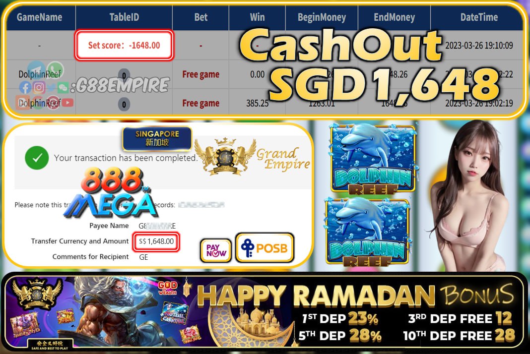 MEGA888 ~ DOLPHINREEF CASHOUT SGD1648!!!