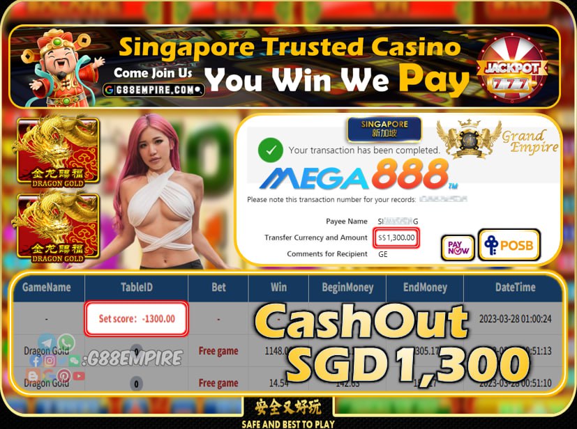 MEGA888 ~ DRAGON GOLD CASHOUT SGD1300!!!