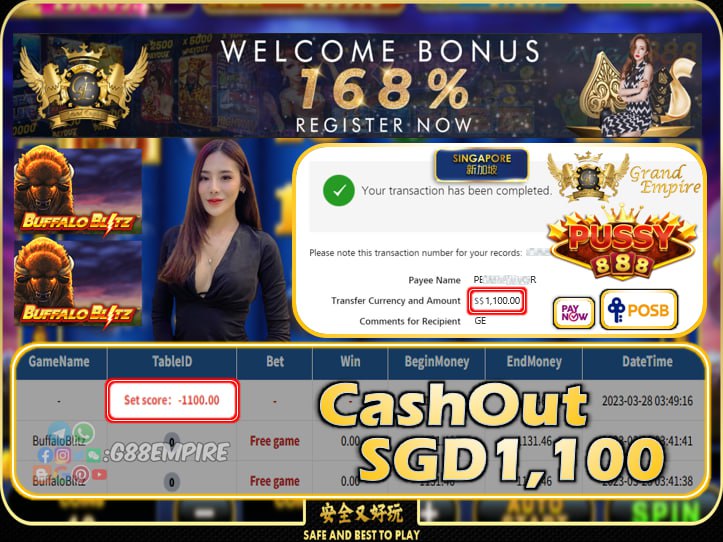 PUSSY888 ~ BUFFALOBLITZ CASHOUT SGD1100!!!