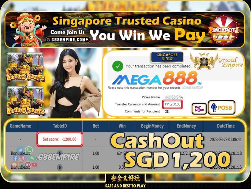 MEGA888 ~ BONUSBEARS CASHOUT SGD1200!!!