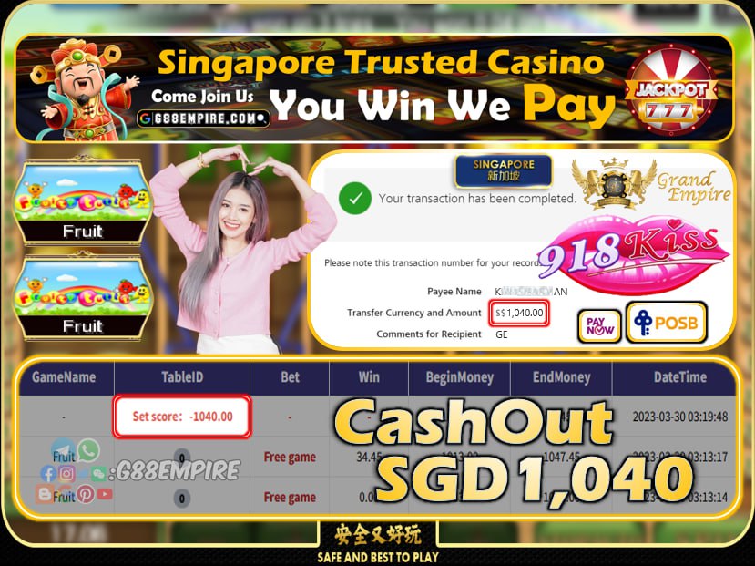 918KISS ~ FRUIT CASHOUT SGD1040!!!