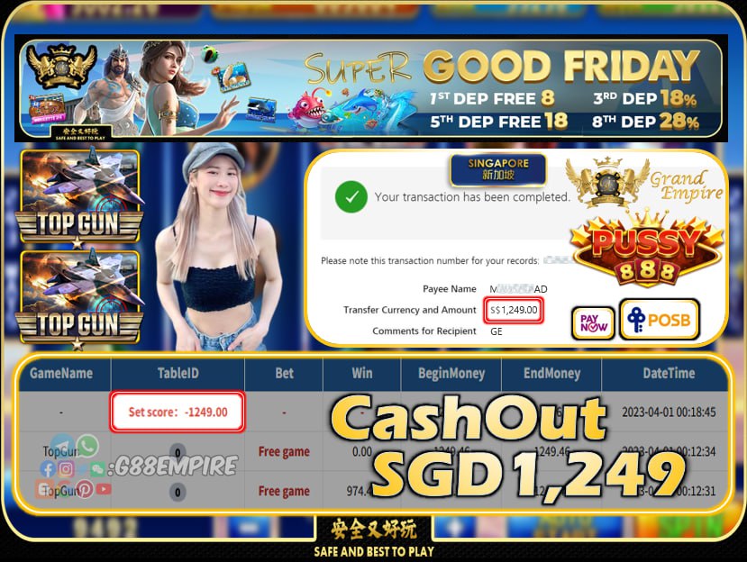 PUSSY888 ~ TOPGUN CASHOUT SGD1249!!!