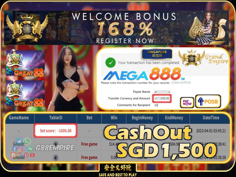 MEGA888 ~ GREAT88 CASHOUT SGD1500!!!