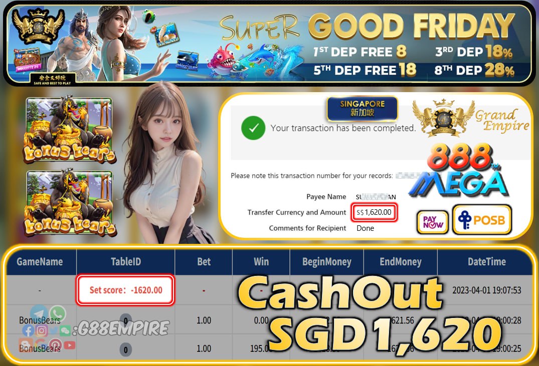 MEGA888 ~ BONUSBEARS CASHOUT SGD1620!!!