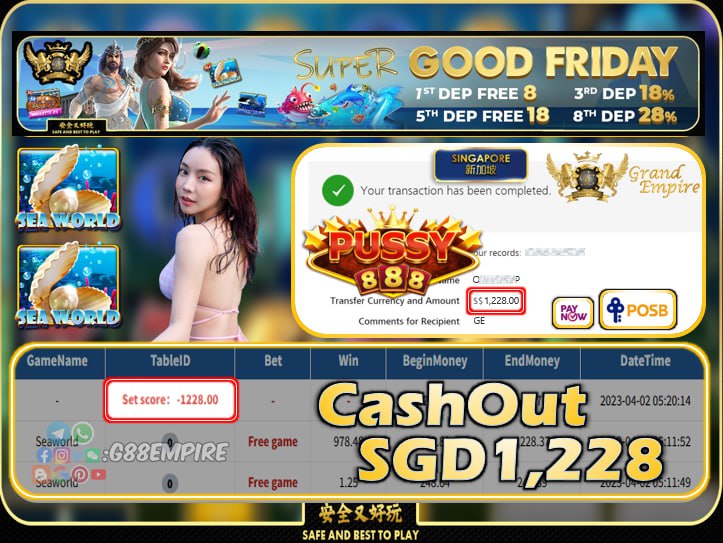 MEGA888 ~ SEAWORLD CASHOUT SGD1228!!!