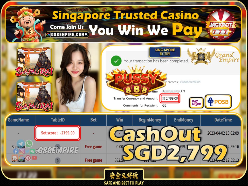 PUSSY888 ~ SAMURAI CASHOUT SGD2799 !!!