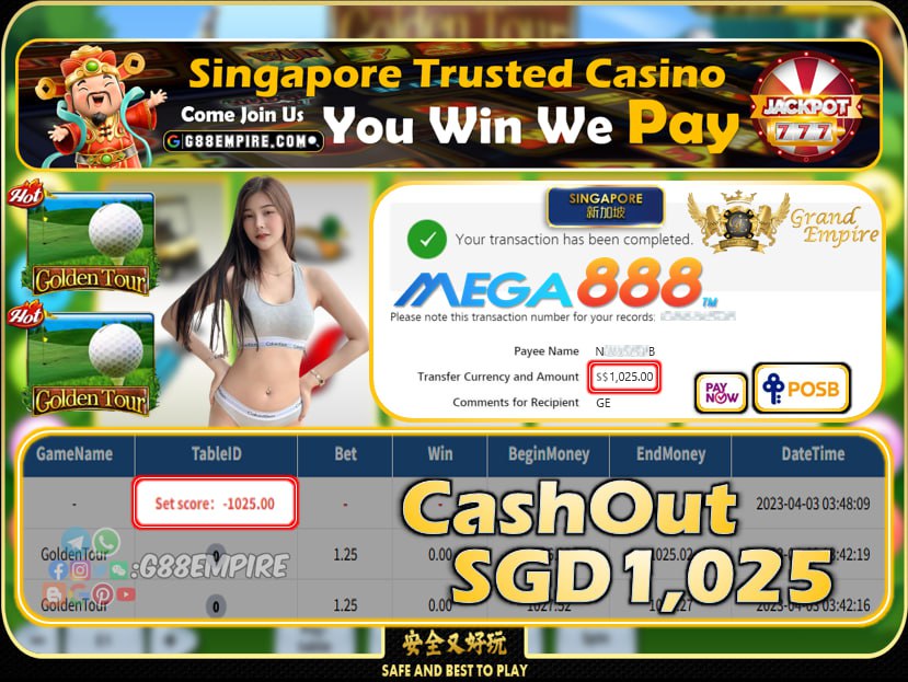 MEGA888 ~ GOLDENTOUR CASHOUT SGD1025!!!