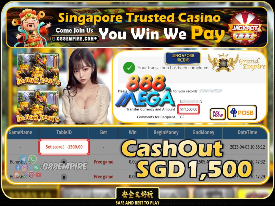 MEGA888 ~ BONUSBEARS CASHOUT SGD1500 !!!