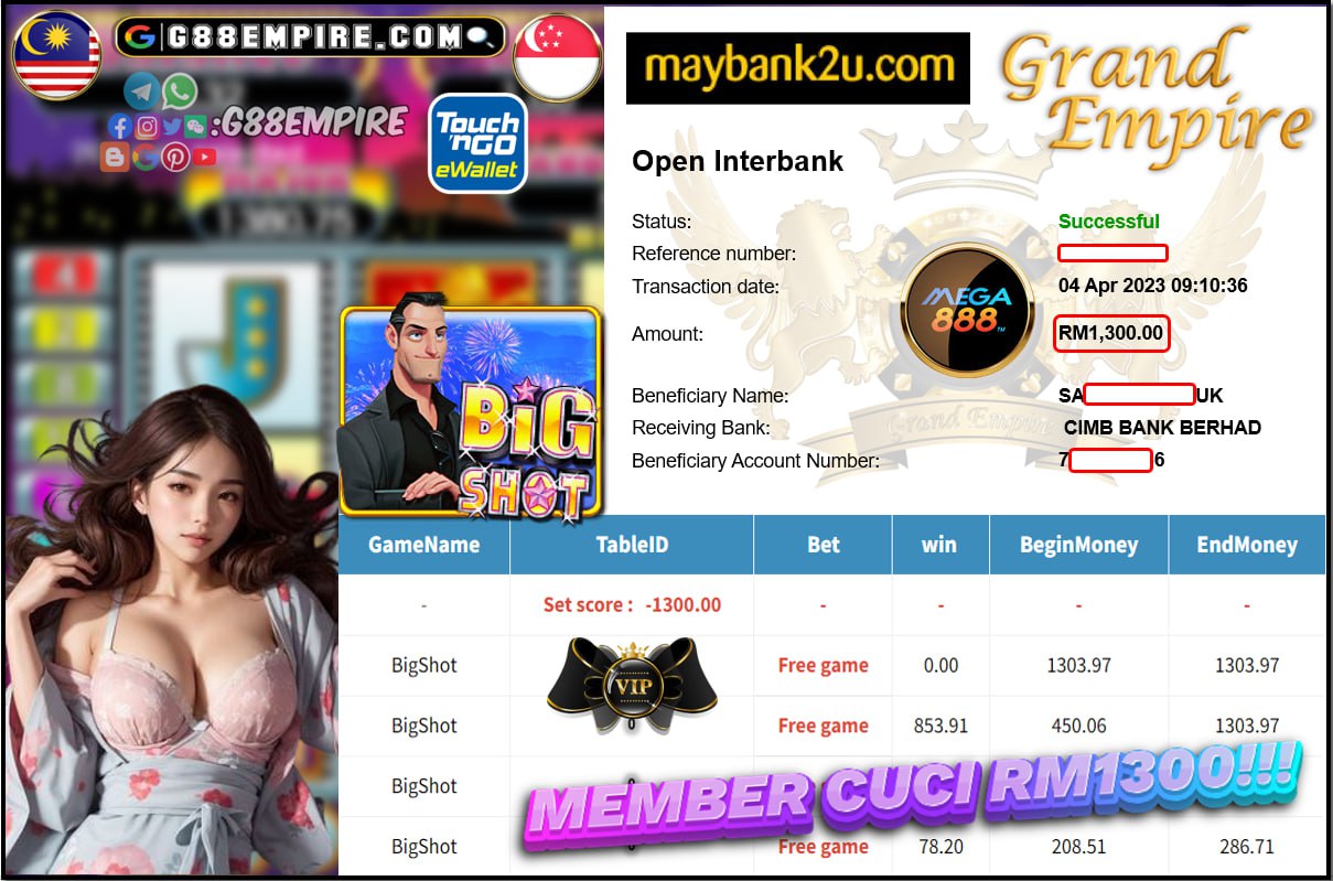 MEGA888 BIGSHOT CUCI RM1300!!!