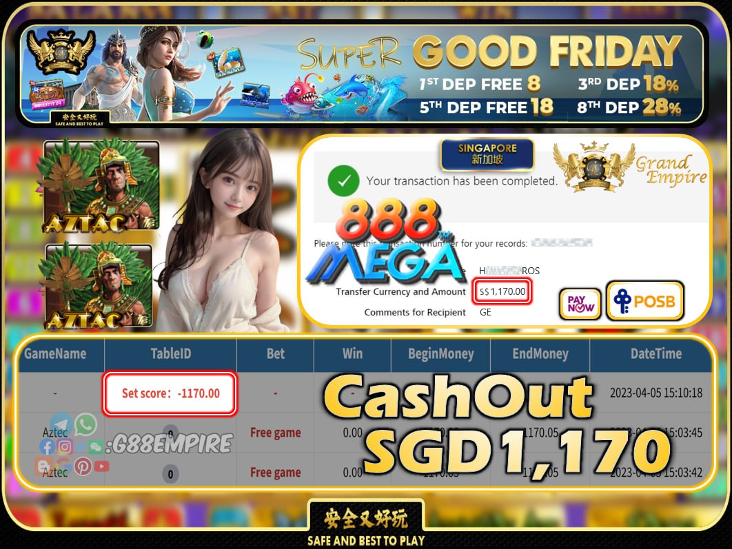 MEGA888 ~ AZTAC CASHOUT SGD1170 !!!