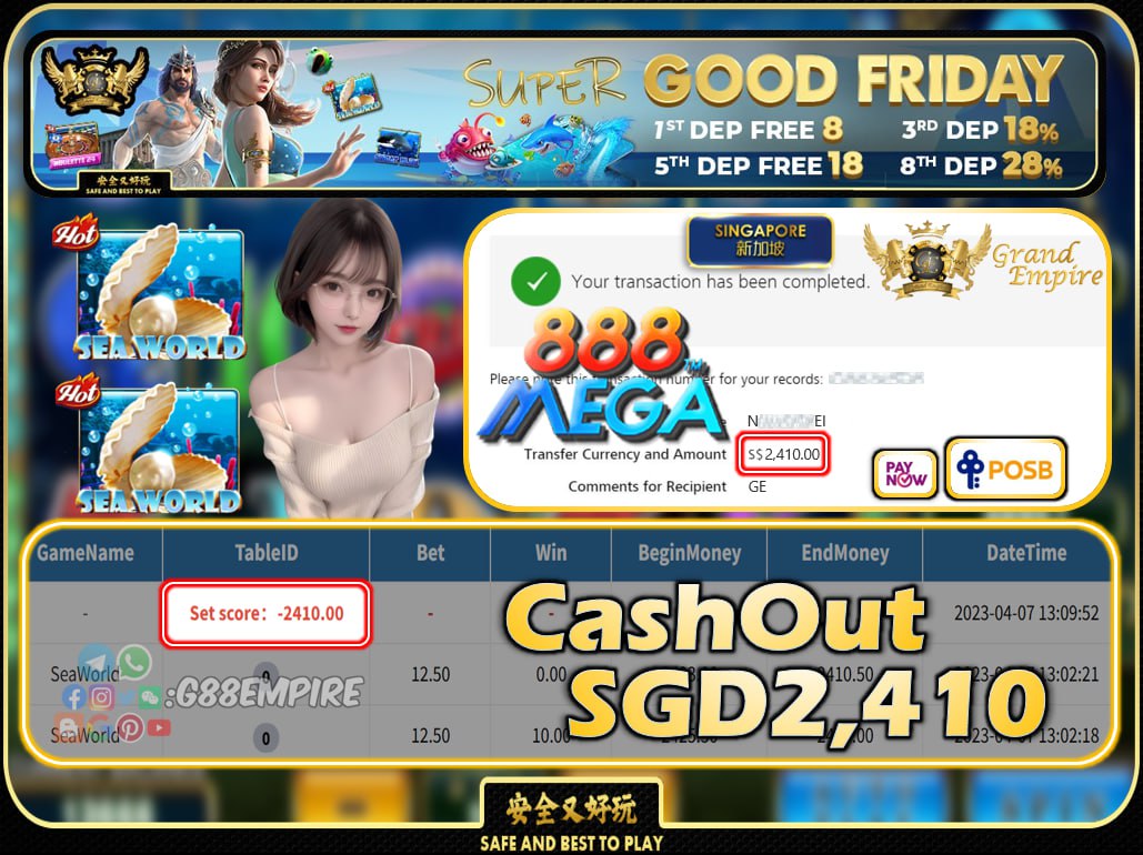 MEGA888 ~ SEAWORLD CASHOUT SGD2410 !!!